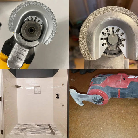 Diamond Grout Blades For Oscillating Tools, 4-Piece Set, semi circle tomahawk blade attached to oscillating tool, close-up view.