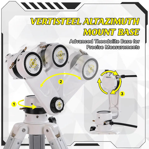 Vertisteel altazimuth mount base for 90mm refractor telescope with 900mm focal length AZ mount easy setup precision adjustment.