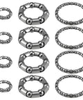 12 Piece Bike Wheel Ball Bearings And Retainer Cages Set in three sizes for front and rear hubs and bottom bracket, shown in steel.