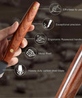 Heavy Duty Woodworking Marking Knife Pro Scribing Gauge Featuring Knockout Sharp High Carbon Steel Double Beveled Blade and Comfort Grip Handle, showcasing ergonomic rosewood handle.