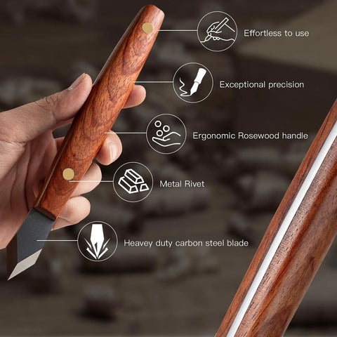 Heavy Duty Woodworking Marking Knife Pro Scribing Gauge Featuring Knockout Sharp High Carbon Steel Double Beveled Blade and Comfort Grip Handle, showcasing ergonomic rosewood handle.
