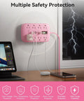 Pink 5 Foot Extension Cord With Surge Protector Six USB Ports Super Handy Three USB C Quick Charge Ports And Three USB A Smart Charging Tech Cute Kawaii Style For Home Office Desk Setup And TV Stand on wall outlet