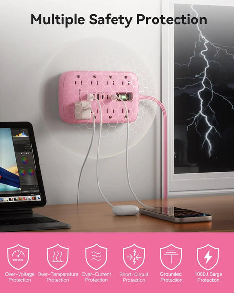 Pink 5 Foot Extension Cord With Surge Protector Six USB Ports Super Handy Three USB C Quick Charge Ports And Three USB A Smart Charging Tech Cute Kawaii Style For Home Office Desk Setup And TV Stand on wall outlet