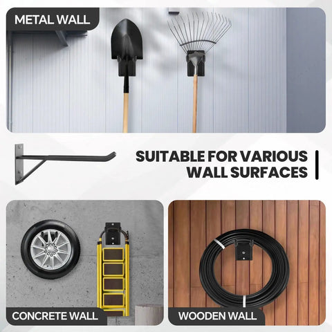 14 Inch BeefedUp Heavy Duty Garage Hooks With Support Rods Four Pack Steel Wall Mount Hangers for tools on various wall surfaces