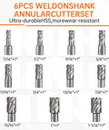 6 Pcs Weldon Shank Annular Cutter Set with various sizes for metal drilling, ultra-durable HSS, 1-inch cutting depth.