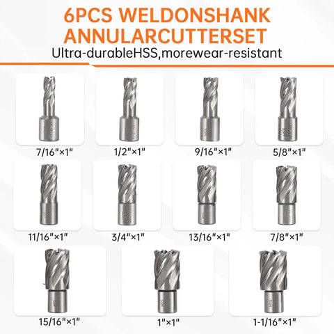6 Pcs Weldon Shank Annular Cutter Set with various sizes for metal drilling, ultra-durable HSS, 1-inch cutting depth.