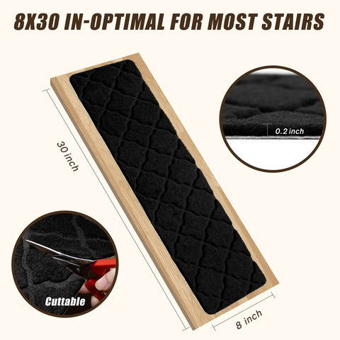 8 By 30 Inch Stair Treads 15 Piece Non Slip Peel and Stick Indoor Rug Runner for Wooden Steps Black texture and size details