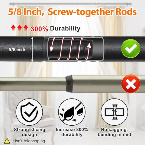 Close-up of adjustable 5/8 inch black curtain rod with brackets for windows and doors extends from 16 to 52 inches