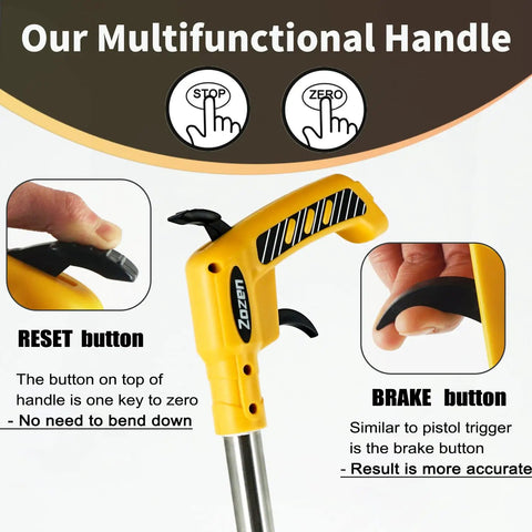 Pro Grade Measuring Wheel With Easy Brake At The Handle And One Touch Zero Reset No Fuss, handle showing reset and brake buttons.