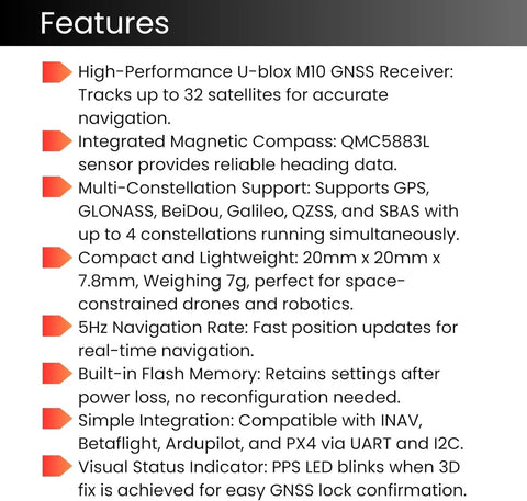 Feature list of GPS Compass Module With Upgraded 10th Gen Chip for FPV Drones, showing compatibility and satellite tracking info.