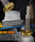 Close-up of LINXINO AST603 brake bleeder kit with gold metal fitting and clear tubing filling brake fluid.