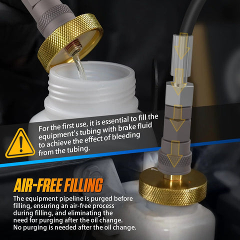 Close-up of LINXINO AST603 brake bleeder kit with gold metal fitting and clear tubing filling brake fluid.