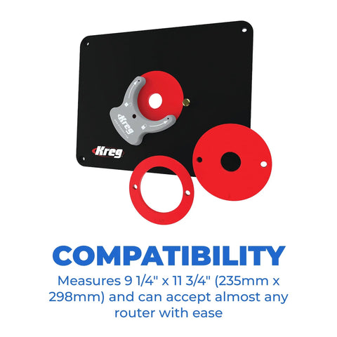 Top Shelf Undrilled Phenolic Router Table Insert Plate 3/8 Inch Thick For Custom Router Mounting with red level lock rings and black base.