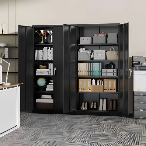 Heavy Duty 72 Inch Metal Storage Cabinet With 4 Adjustable Shelves And 2 Doors For Garage Workshop Office Or Home Black Durable Steel Tool Organizer And More open with items displayed