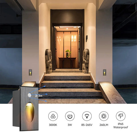 Entrance with Indoor Stair Lights With Dope Motion Sensor 3W 3000K Aluminum Waterproof Vertical LED Step Lights, black finish
