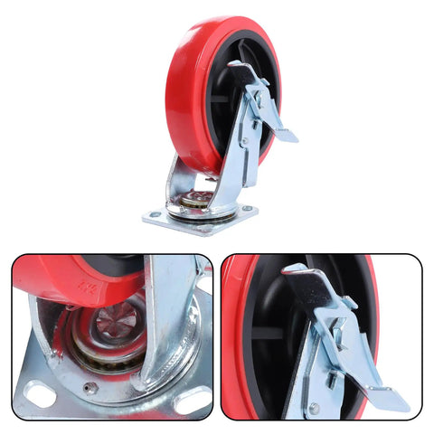 Ironclad 8 Inch Heavy Duty Industrial Caster Wheels With Durable Polyurethane Treads And Reinforced Galvanized Steel Brackets 4 Pack close-up of red wheel and bracket