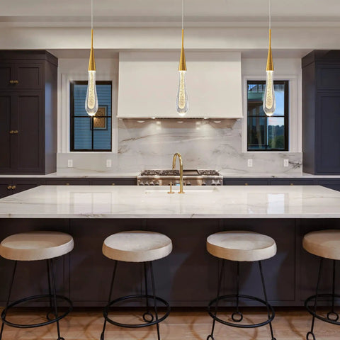 Gold Brushed Brass Teardrop Crystal Pendant Lights 3-Pack, Dimmable LED Ceiling Fixtures For Kitchen Island, modern kitchen decor