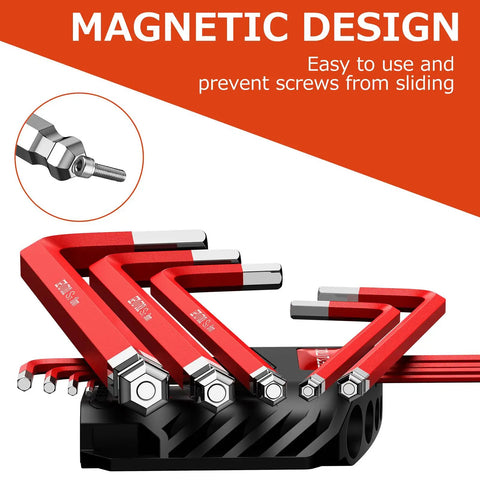 Close-up of 18 Piece Magnetic Allen Key Set with Ball End Hex Keys and Torque Handle, S2 Steel Long L Keys, on a black holder.