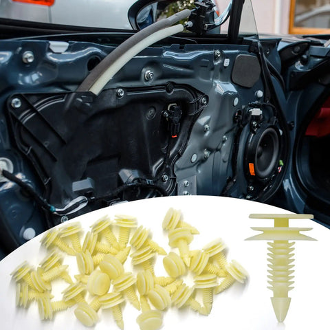 Tough As Nails 30 Pcs Beige Nylon Door Trim Panel Retainer Clips, featured with installation inside a car door.