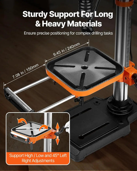 Built Different 12 Inch Benchtop Drill Press With Beefy 5 Amp Motor And Variable Speed Control features sturdy support table for precise drilling.