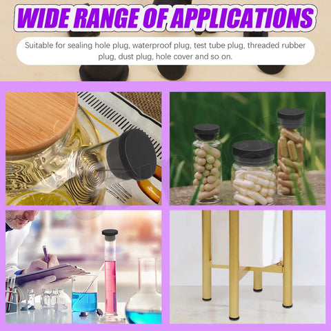 Collage showing 100 Piece Silicone Rubber Plug Kit In Seven Sizes 3.5mm to 14mm used in test tubes and sealing applications.