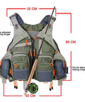 Lightweight Mesh Fishing Vest For Men And Women With 17 Pockets, Breathable Back Panel, Army Green, front view with rod holder