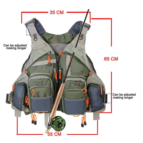 Lightweight Mesh Fishing Vest For Men And Women With 17 Pockets, Breathable Back Panel, Army Green, front view with rod holder