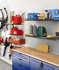 2 Pack Heavy Duty Garage Wall Shelves Built Tough, 23.5 x 12 Inches, installed in a garage holding tools and supplies