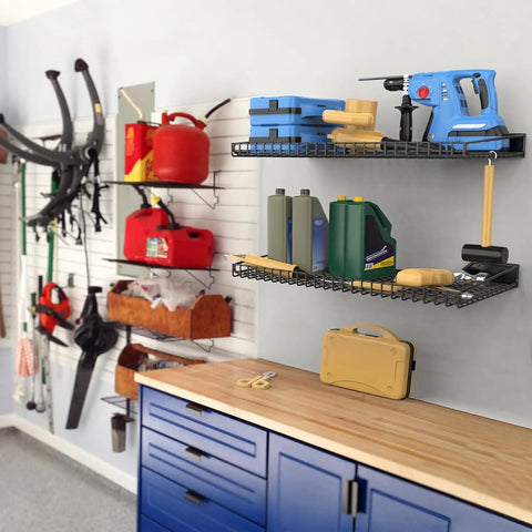 2 Pack Heavy Duty Garage Wall Shelves Built Tough, 23.5 x 12 Inches, installed in a garage holding tools and supplies