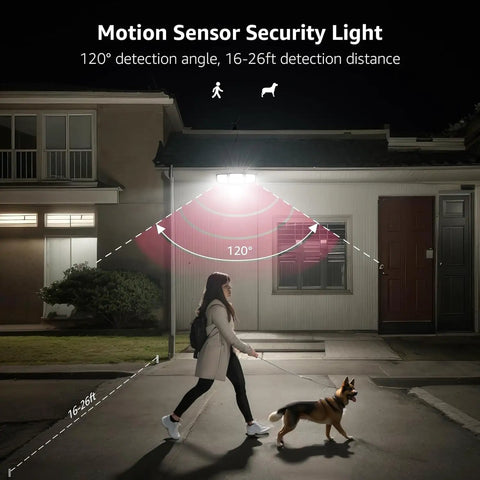 Lit Outdoor Solar Motion Sensor Light With 3 Adjustable Heads illuminating a walk with dog, 270 degree coverage visible on house