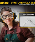 Person wearing 2 Pack PVC Safety Goggles With UV400 Transparent Lenses White Vent Valve Anti Fog Comfort Fit And Adjustable Elastic Band For Work Shop Lab Great For Construction Home Projects And Lab Use.