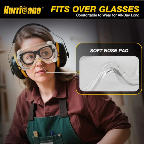 Person wearing 2 Pack PVC Safety Goggles With UV400 Transparent Lenses White Vent Valve Anti Fog Comfort Fit And Adjustable Elastic Band For Work Shop Lab Great For Construction Home Projects And Lab Use.