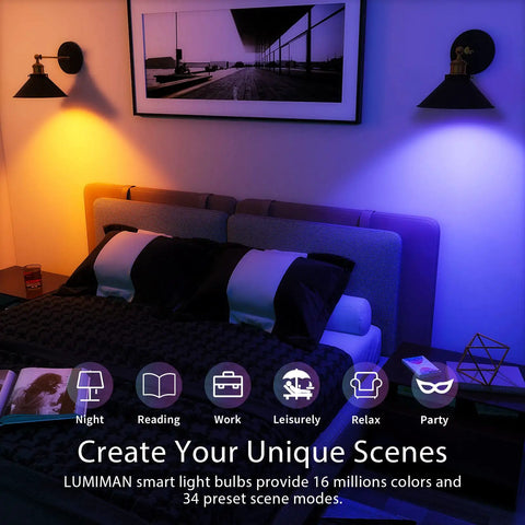 Bedroom with Smart LED Light Bulbs 4 Pack With Color Changing RGBWW Music Sync Alexa Ready Without Hub A19 800LM 7.5W lighting