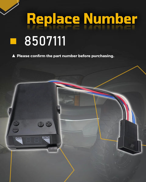 Front view of time-delay brake controller kit with black plastic module and multi-color wiring harness.