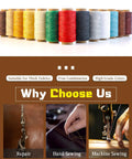 Heavy Duty Workhorse Waxed Upholstery Thread Kit With 218 Yards Of Strong Hand Sewing Thread And 9 Needles displayed with thread rolls and sewing applications.