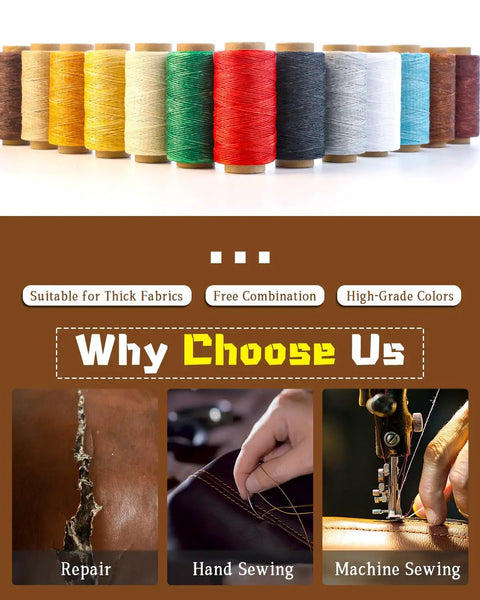 218 Yards Top Shelf Waxed Leather Thread With Heavy Duty Sewing Needles for crafts, featuring various thread colors and spools.
