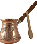 Thickest Solid Copper Cezve Coffee Pot With Engraved Hammered Finish And Wooden Handle For Legit Turkish Greek Arabic Coffee Brew On Stovetop A Sturdy Kitchen Jewel, with spoon