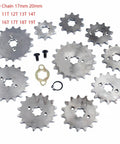 Superior 14 Tooth Motorcycle Chain Sprocket With 17mm Bore Fits 420 Drive Chain For 50cc 70cc 90cc 110cc Pit Bikes displayed among various tooth sizes.