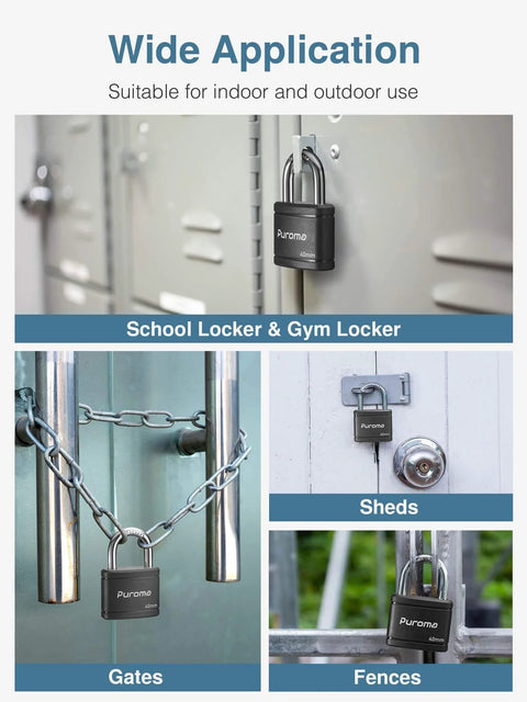 Two Pack Keyed Padlocks With 3 Keys Alike, 7/8 Inch Hardened Steel Shackle, Heavy-Duty Locks shown on school locker, gate, fence, shed