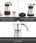 Heavy Duty Cast Aluminum Electric Espresso Maker Brews Three Or Six Cups with detachable base and cool touch handle.
