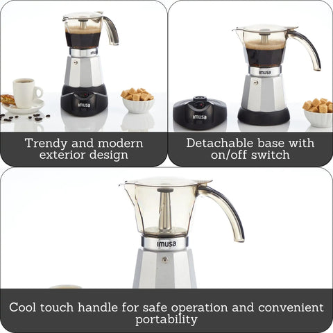 Heavy Duty Cast Aluminum Electric Espresso Maker Brews Three Or Six Cups with detachable base and cool touch handle.