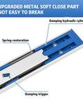 Detailed view of 22 Inch Soft Close Drawer Slides, showing damping hydraulic cylinder and spring-restoration. 12 pairs, 100 lb capacity.
