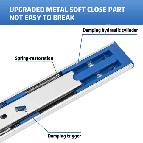 Detailed view of 22 Inch Soft Close Drawer Slides, showing damping hydraulic cylinder and spring-restoration. 12 pairs, 100 lb capacity.