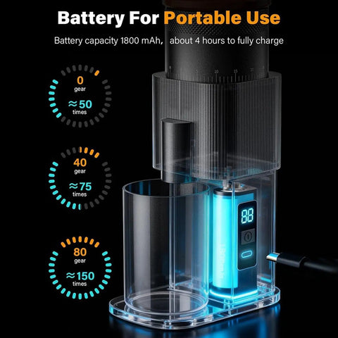 Game Changer Burr Coffee Grinder With Single Dose Design And Super Quiet Dc Motor showing battery capacity and charge time.