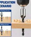 Application scenario showing the Seven Piece Three Point Countersink Drill Bit Set Featuring Adjustable Depth Lock for wood projects.