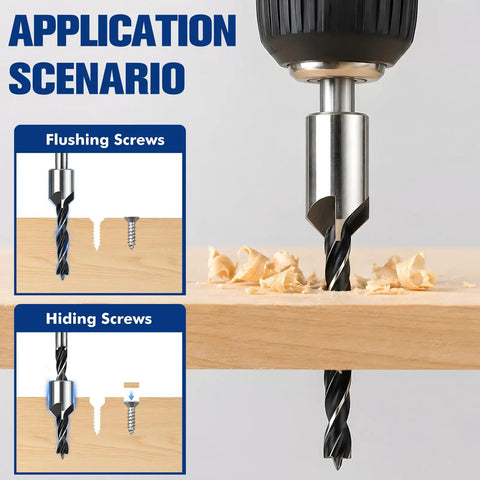 Application scenario showing the Seven Piece Three Point Countersink Drill Bit Set Featuring Adjustable Depth Lock for wood projects.
