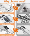 Comparison of Eight Pack Concealed Cabinet Hinges for Frameless Doors with no cup grooving, 4-hole base, and hydraulic buffer spring.