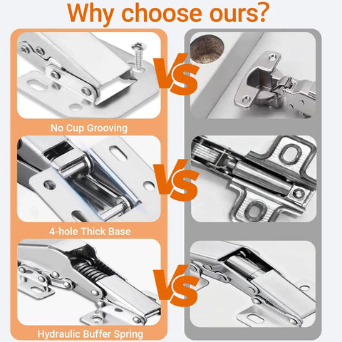 Comparison of Eight Pack Concealed Cabinet Hinges for Frameless Doors with no cup grooving, 4-hole base, and hydraulic buffer spring.