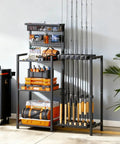 Freestanding Fishing Rod Rack With 3 Tier Shelves And Pegboard Basket Heavy Duty Pole Holders For Garage Holds Up To 12 Rods Scratch Resistant Slots Black.