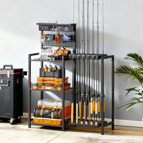 Freestanding Fishing Rod Rack With 3 Tier Shelves And Pegboard Basket Heavy Duty Pole Holders For Garage Holds Up To 12 Rods Scratch Resistant Slots Black.
